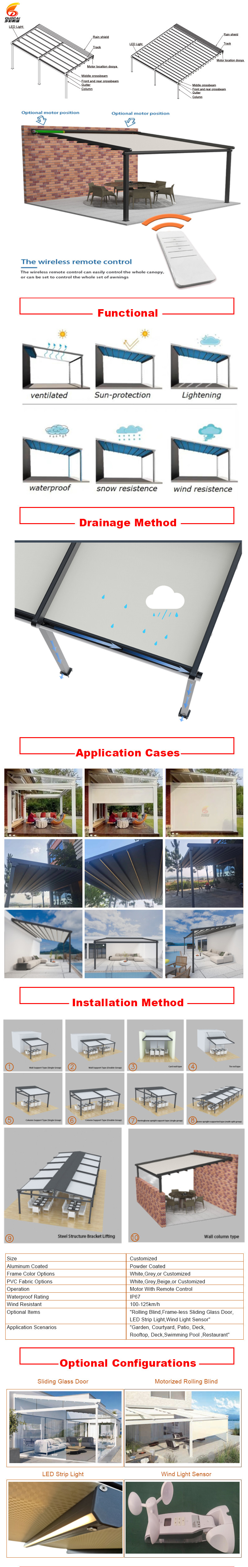 Rectractable roof pvc aluminum frame Motorized pergolas