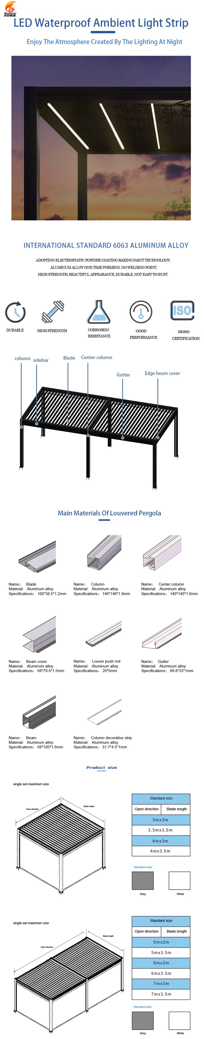 Electric Aluminum Louvered Pergola LED Lights Rainproof Gazebo