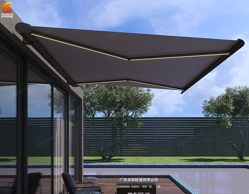 Folding Arm Awning Outdoor Sunshade LED Lighting Full Cassette Electric Retractable Awning For Deck