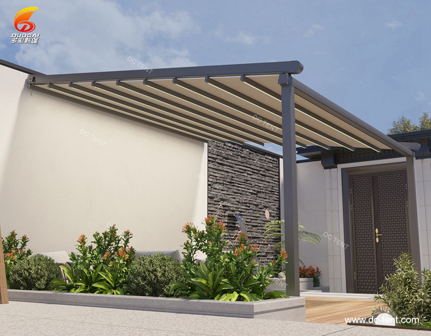 PVC Retractable Roof Pergola Awning System With LED Lights